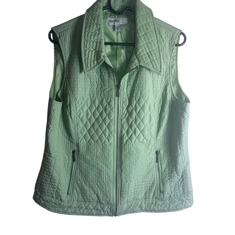 Lana Lee Quilted Vest 12 Sage Green Full Zip Collared Sleeveless Women